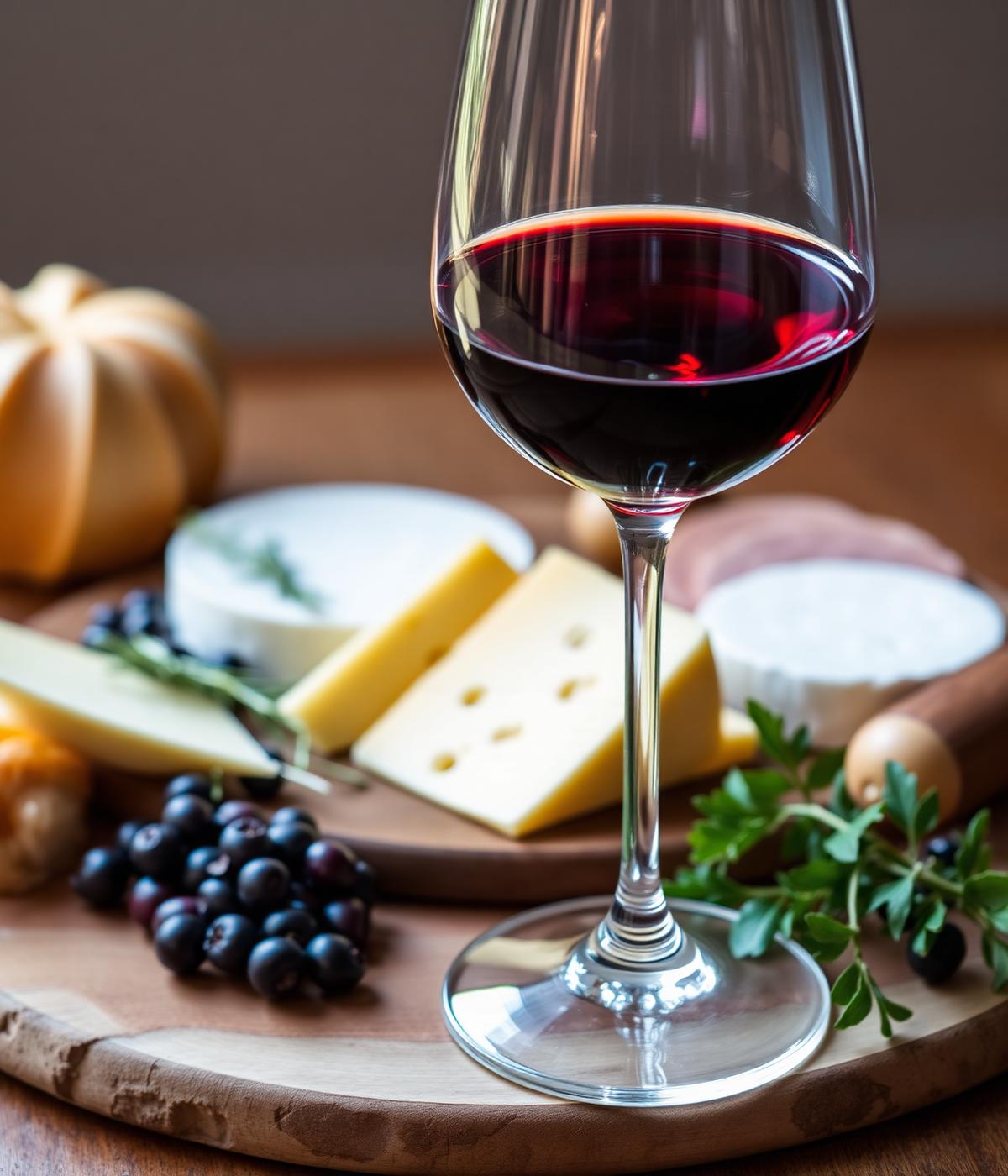 Glas rode wijn met een plank verse kazen en delicatessen